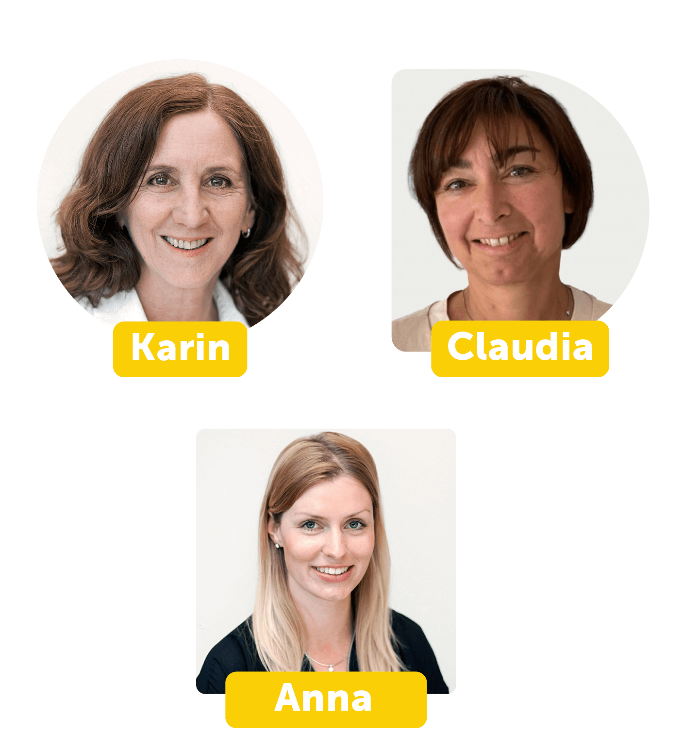 Drei Porträtsfotos von drei Frauen. Oben links: Karin. Oben rechts: Petra. Unten: Anna
