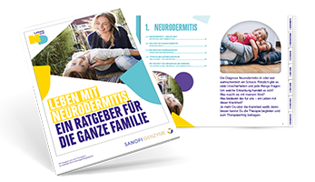 Titelblatt und Inhaltsverzeichnis des Ratgebers: Leben mit Neurodermitis - Ein Ratgeber für die ganze Familie.