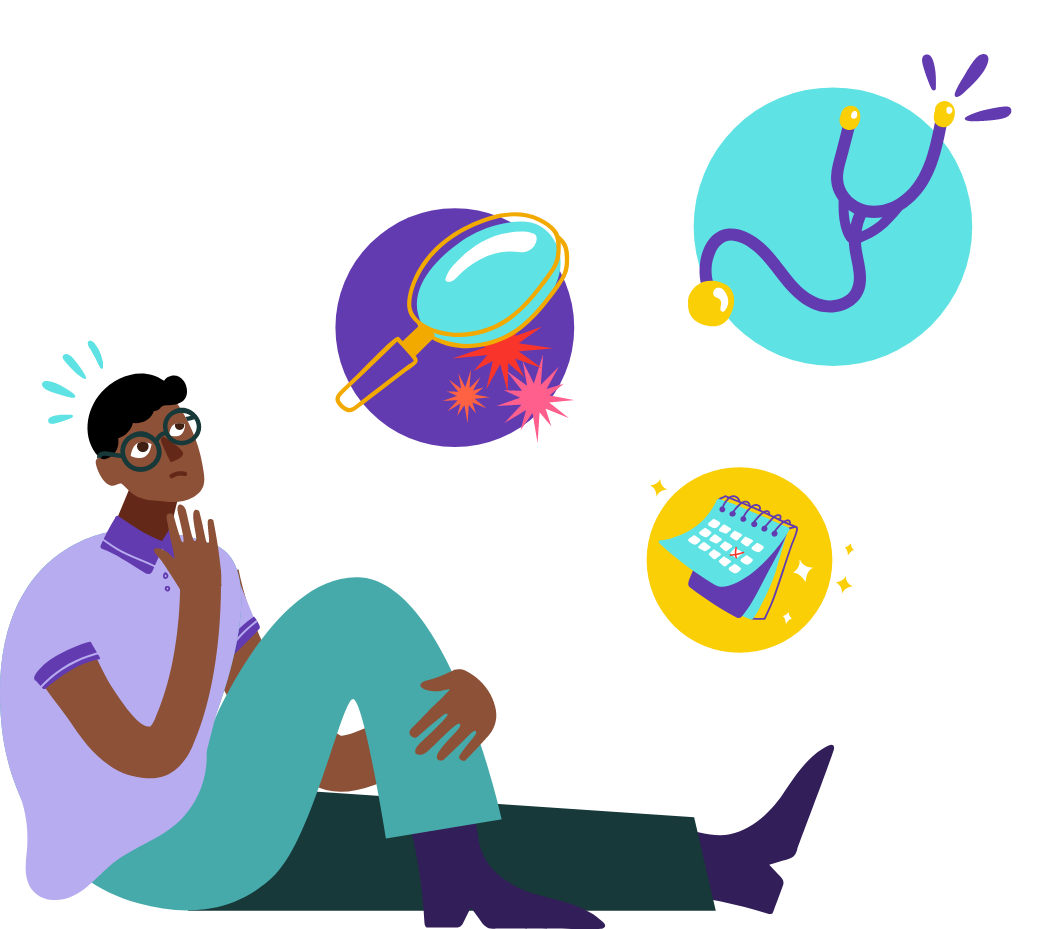 Illustration einer Person mit Brille. Über der Person schweben ein Stethoskop, ein Kalender und eine Lupe. 