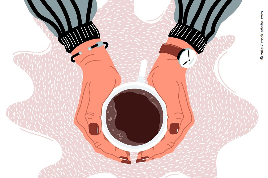 Illustration eines Kaffeebechers in der Vogelperspektive. Ein paar Hände wärmen sich an dem Becher. 