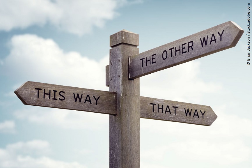 Ein Wegweiser der in drei Richtungen zeigt. von Links nach Rechts: This way. The other way. That way. 