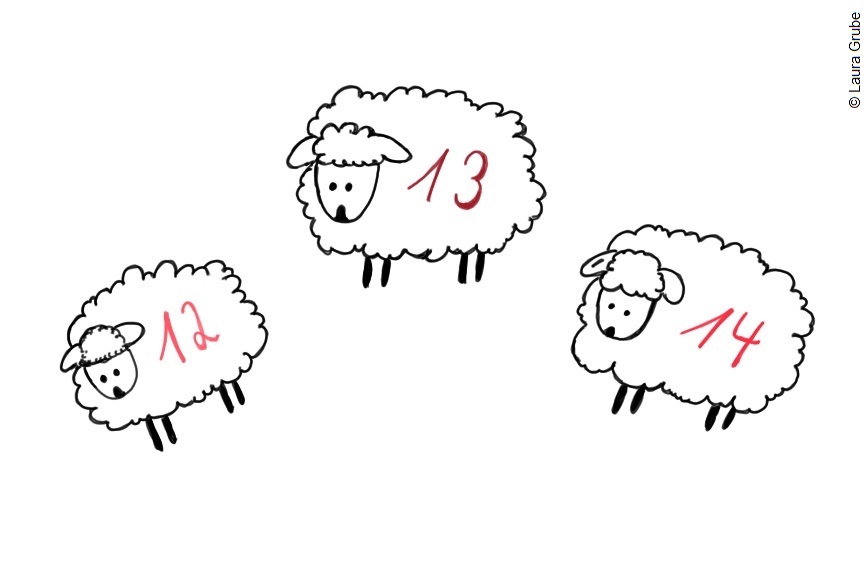 Illustration von drei Schafen. Jedes Schaf hat eine Zahl im Fell stehen. Von Links nach Rechts: 12, 13, 14.