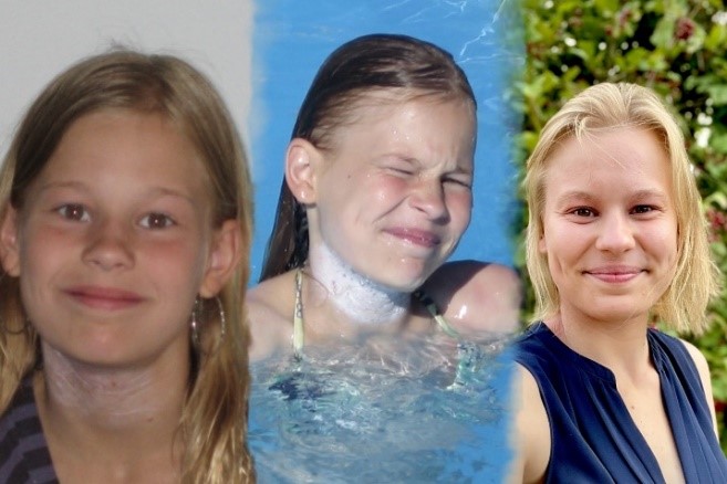 Drei Bilder einer jungen Frau in verschiedenen Lebensphasen mit eingecremten Hals. 