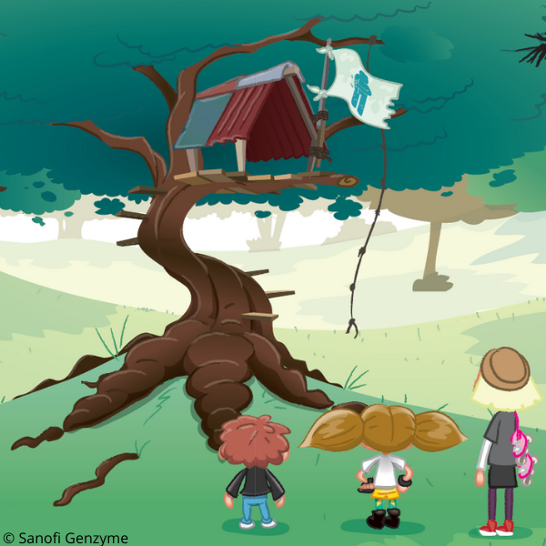 Eine Illustration von drei Kindern die gemeinsam vor einem Baumhaus stehen. 