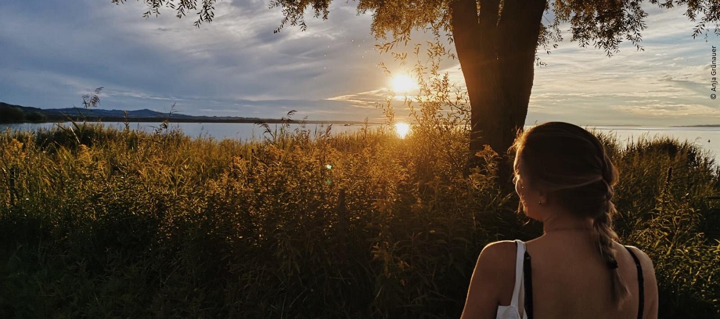 Anja steht draußen unter einem Baum, am Wasser und schaut sich einen Sonnenuntergang an. 