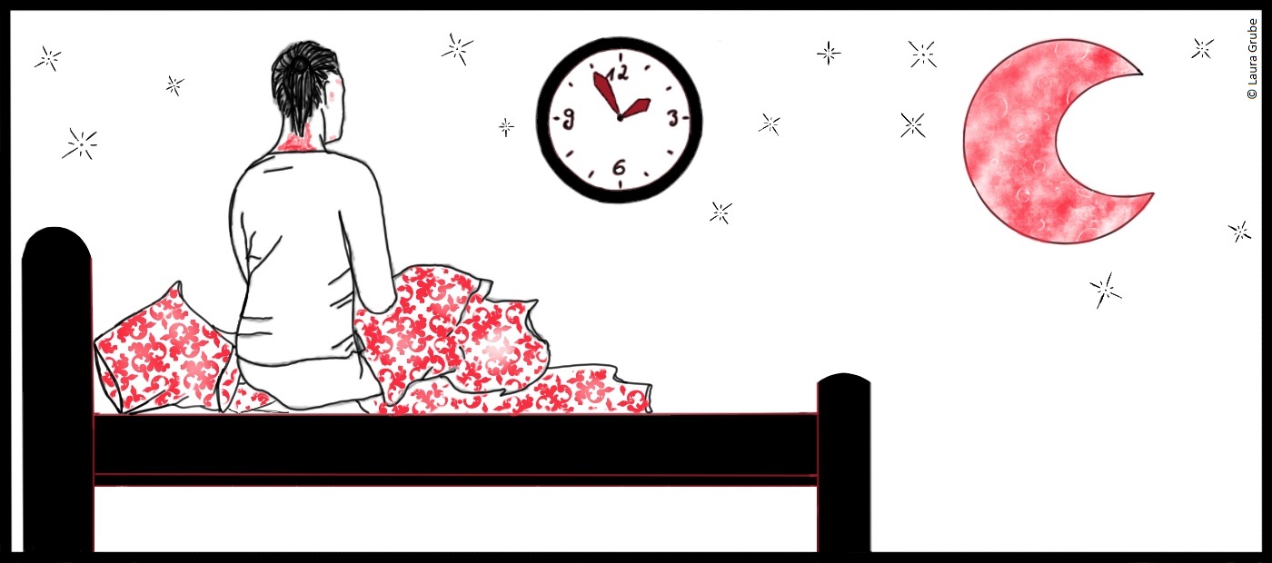 Eine Illustration in Rot und Schwarz. Ein Mann sitzt auf der Bettkante und schaut auf die Uhr an der Wand. Er hat rote Stellen im Nacken. Ein roter Halbmond steht neben der Uhr. 