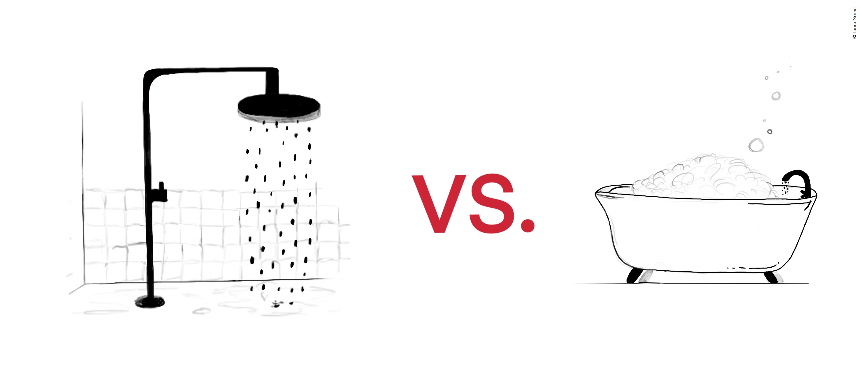 Die Illustration einer Dusche und einer Badewanne. Zwischen der Dusche und der Wanne steht: VS in roten Buchstaben. 