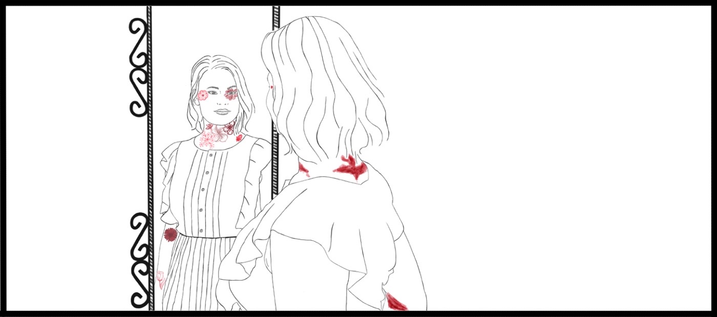 Eine Illustration von Laura, wie sie in den Spiegel schaut. Im Spiegelbild sehen ihre roten Flecken auf der Haut wie Blumen aus. 