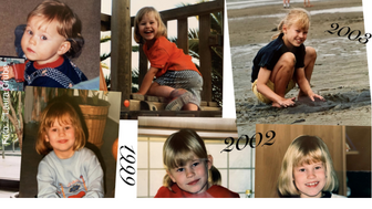 Eine Bildercollage von verschiedenen Kinderfotos einer blonden Frau. 