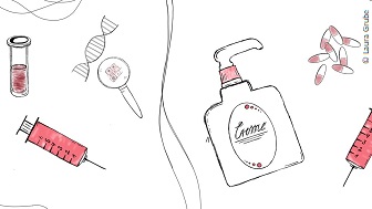 Eine Illustration von Spritzen und Cremes.