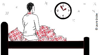 Illustration einer Person die auf dem Bett sitzt und auf eine Uhr schaut. 