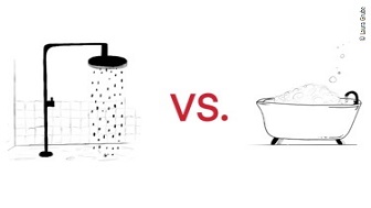 Illustration von einer Dusche auf der linken Seite und einer Badewanne auf der rechten Seite. In der mitte steht ein rotes Versus. 