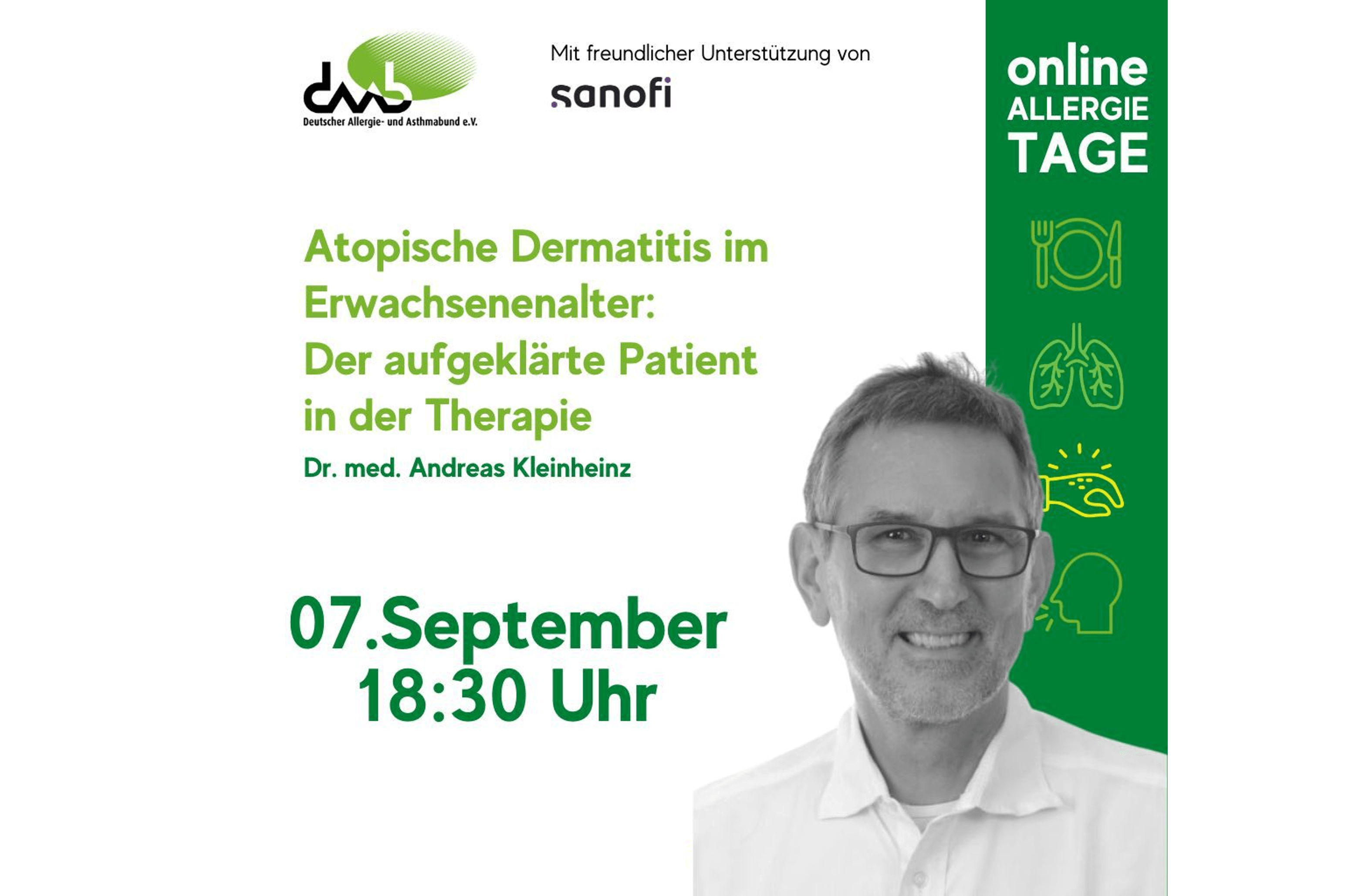 Vortragsankündigung mit Dr. med. Andreas Kleinheinz zu Atopischer Dermatitis im Erwachsenenalter