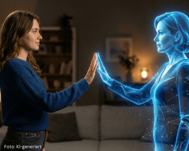 Frau berührt im Wohnzimmer eine blaue holografische Frauenfigur.