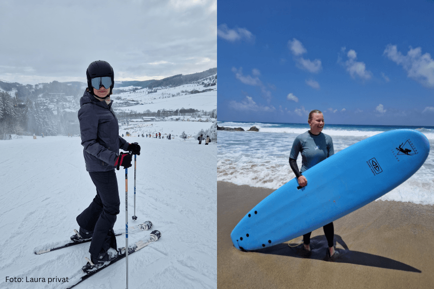 Frau beim Skifahren und am Meer mit Surfboard
