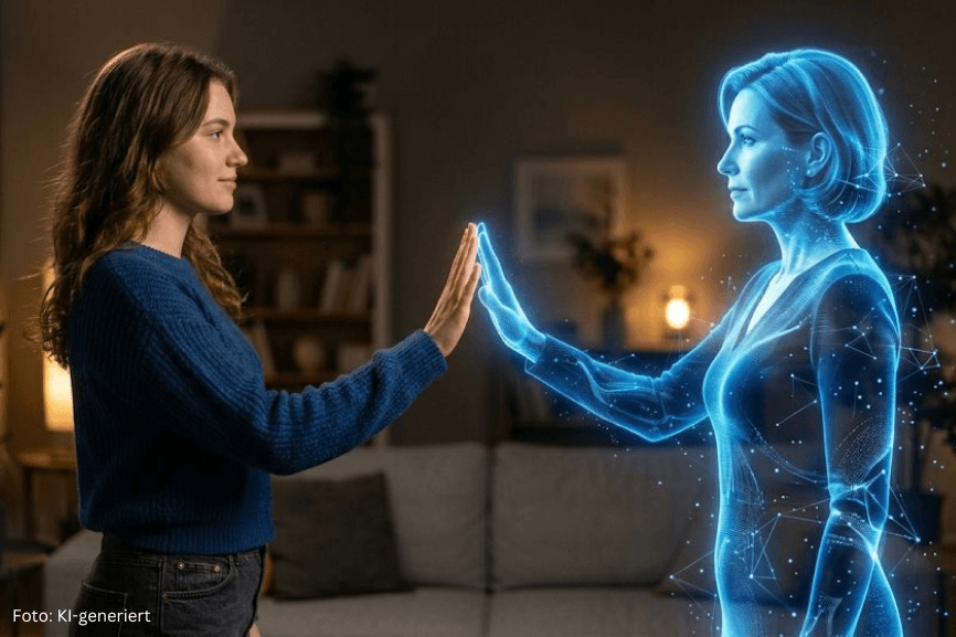 Frau berührt im Wohnzimmer eine blaue holografische Frauenfigur.
